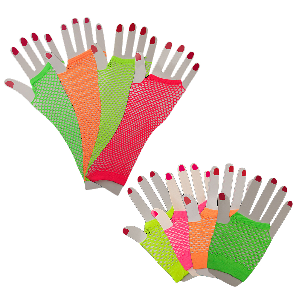 Premium Neon 80s Fingerless Fishnet Gloves Fancy Dress Long Short Uv 